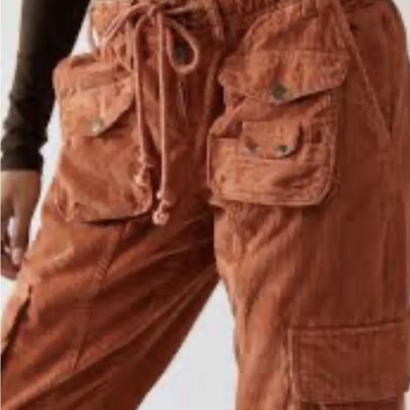 Free People Tahiti Cord Cargo Pants Utility Pockets Smocked Waist Cord Tie Rust - Picture 3 of 7